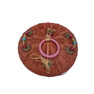 Vintage Red Wicker Sewing Basket Pink Handle & Beaded Accents Boho-Chic Home Dec
